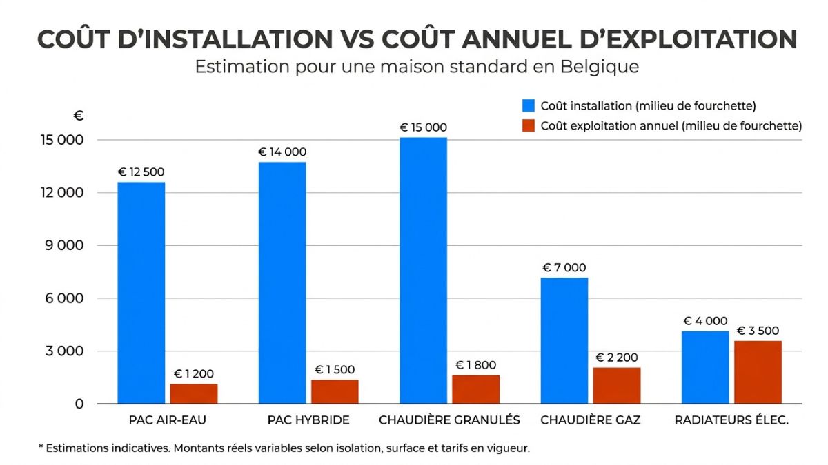Infrographie comparant les coûts d'installation et les coûts d'exploitation des différents moyens de chauffage.