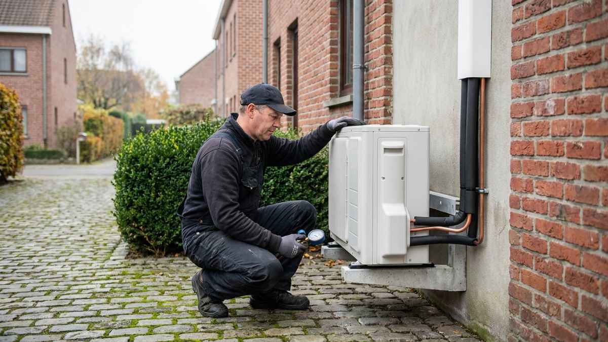 Un expert en chauffage installe une unité extérieure sur le côté d'une maison belge. 